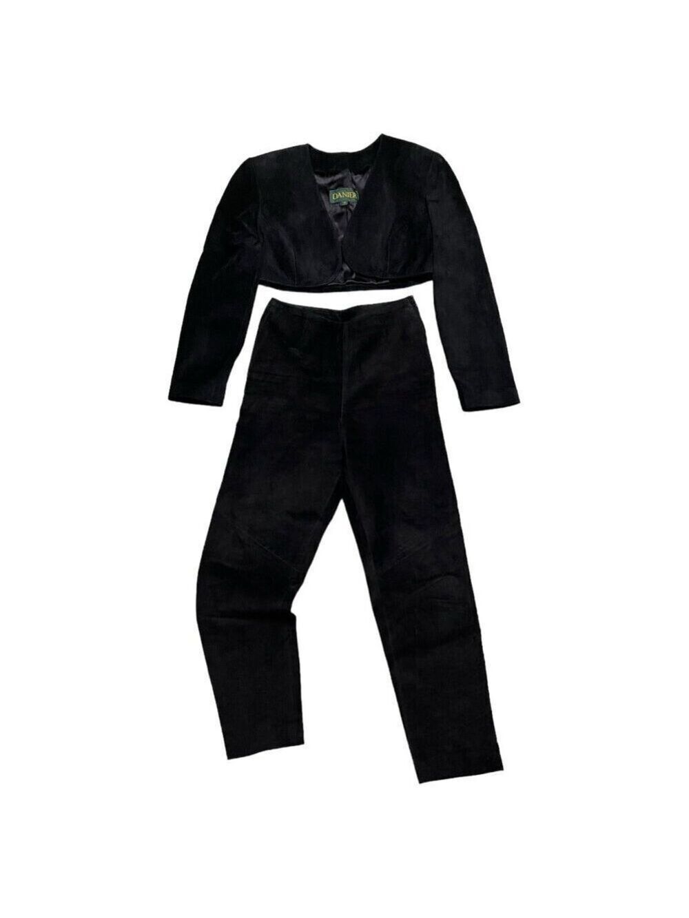 Danier Vintage 90s SUEDE LEATHER Black 2-pc Pants & Cropped Jacket XS